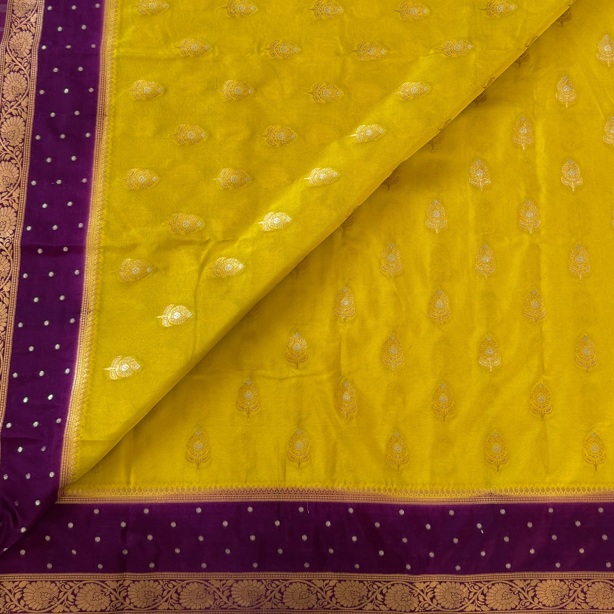 Lemon Yellow Banarasi Silk Saree with Royal Purple Zari Pallu