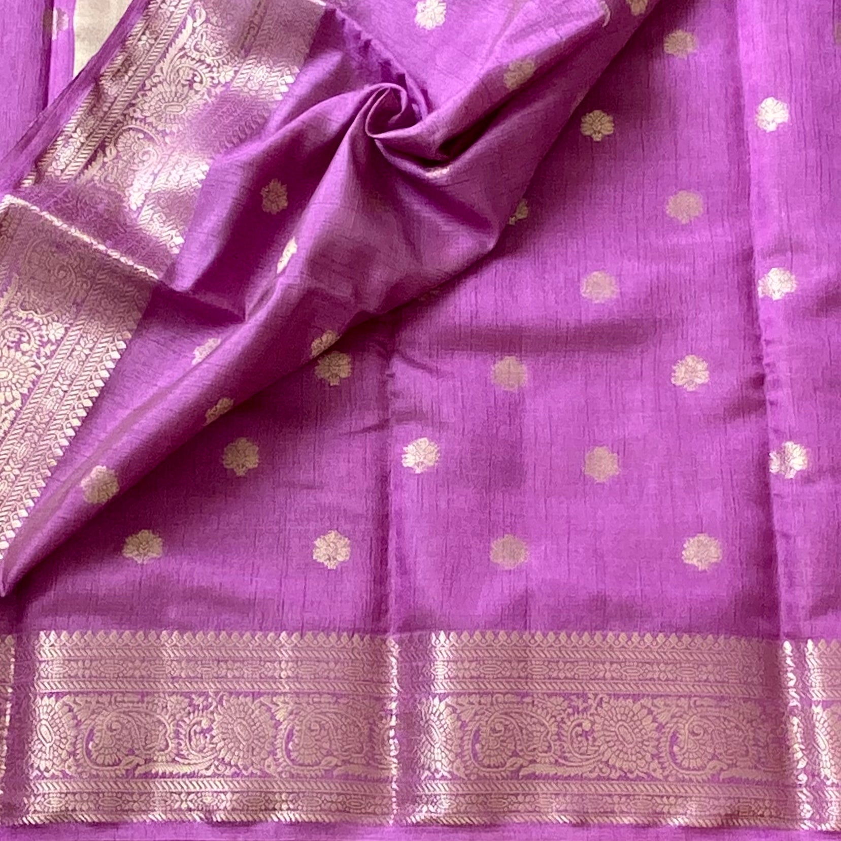 Magenta Gold Butti Saree With Striped Pallu And Zari Border