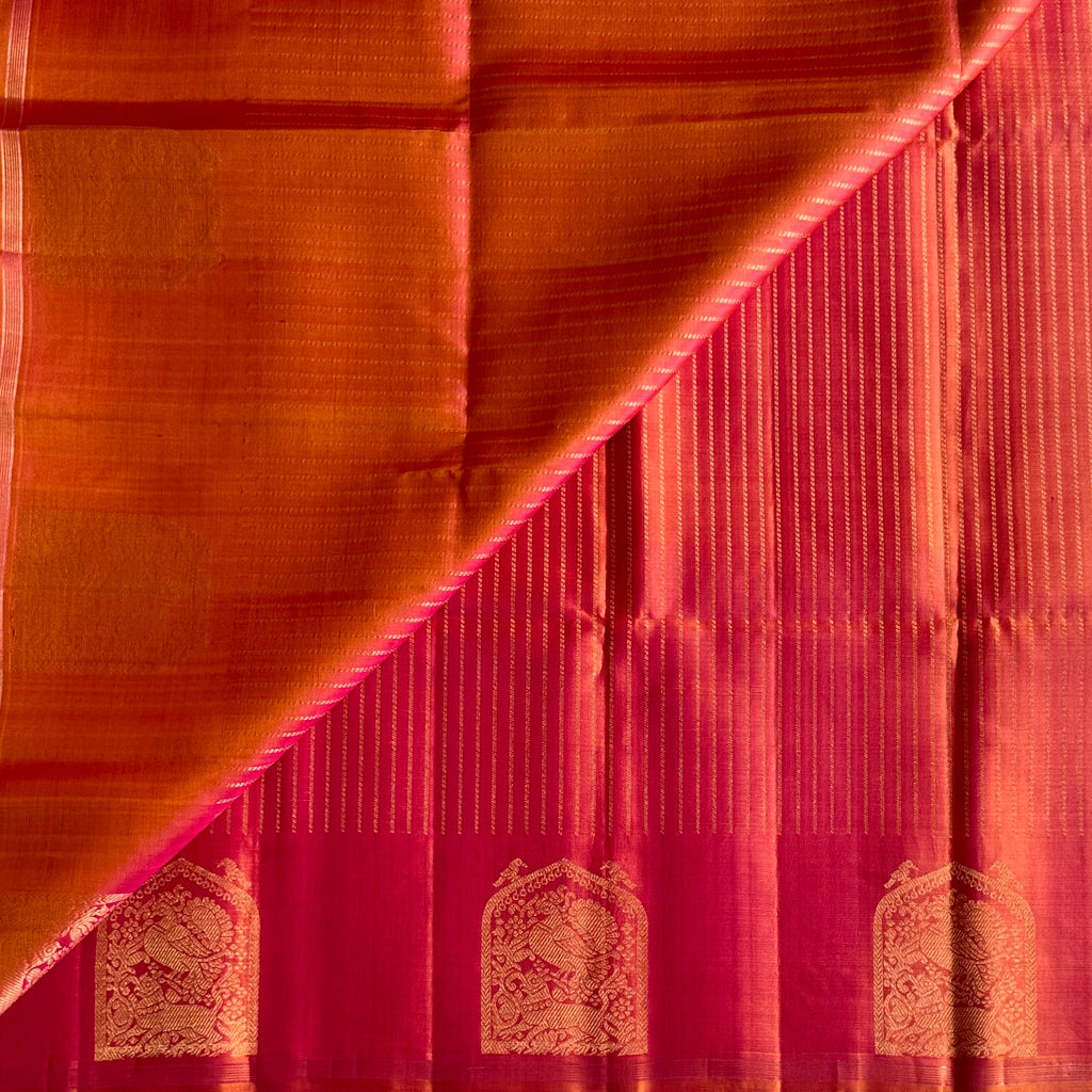 Coral Orange Silk Saree with Magenta Gold Zari Border Pallu