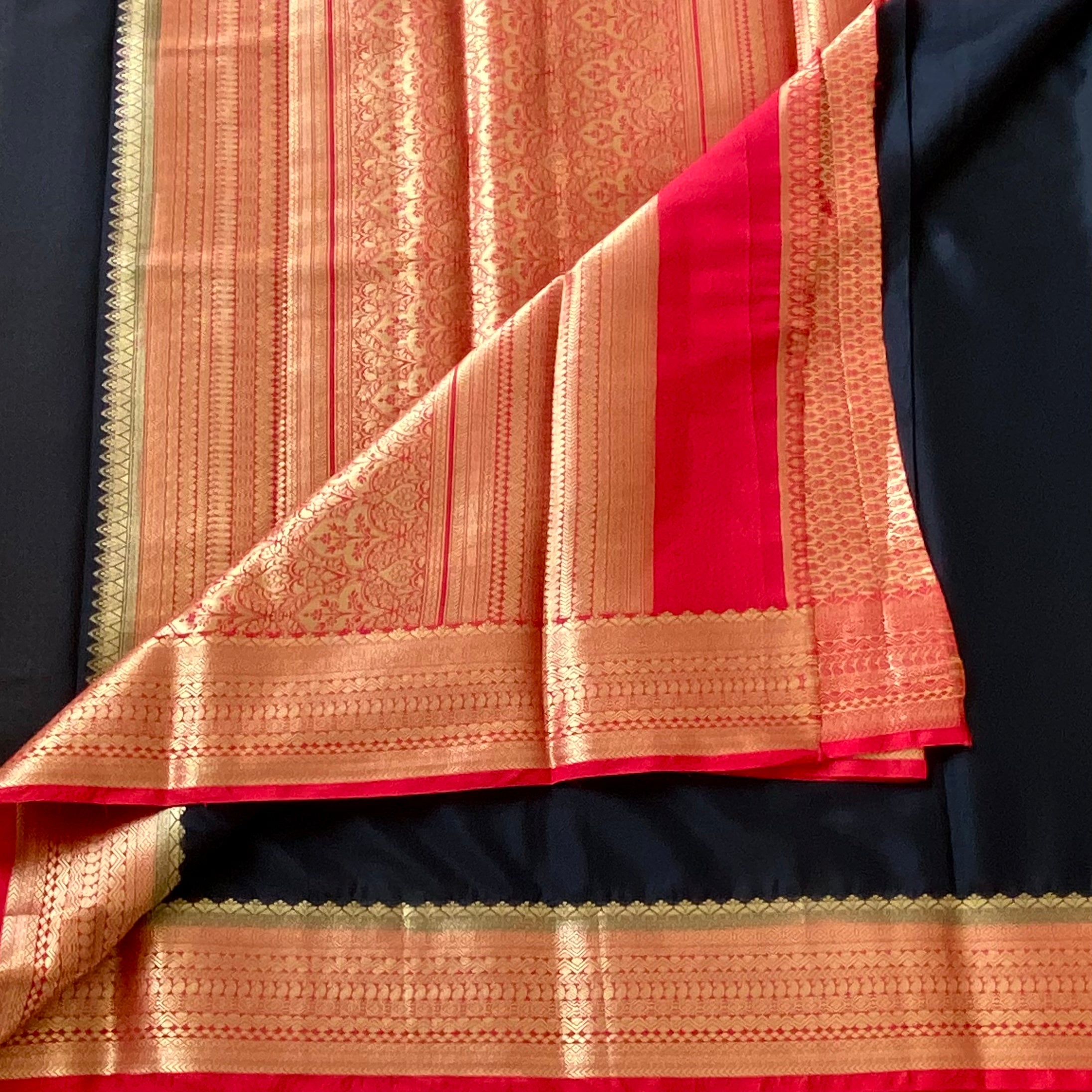 Deep Black with crimson red blended crepe silk with brocade blouse