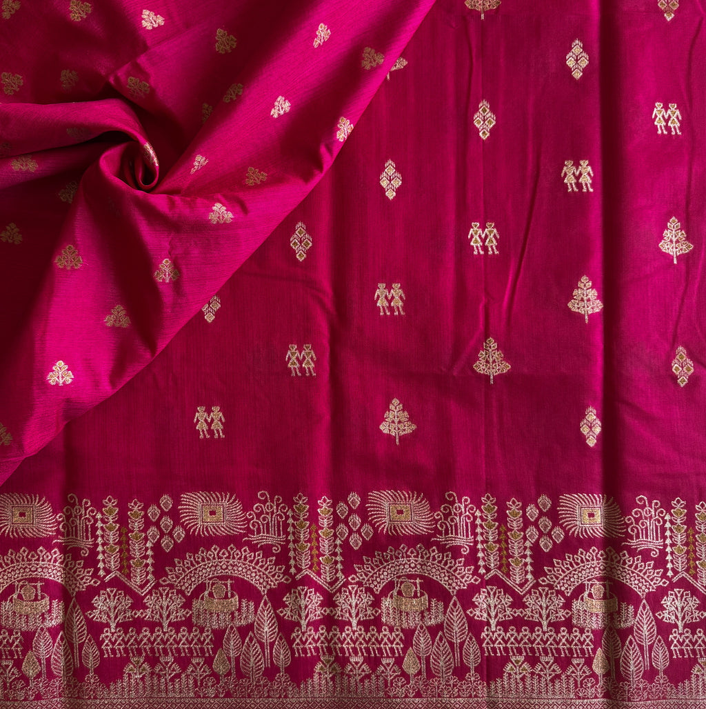 Fuchsia Gold Brocade Silk Saree Tassel Pallu Wide Border Traditional