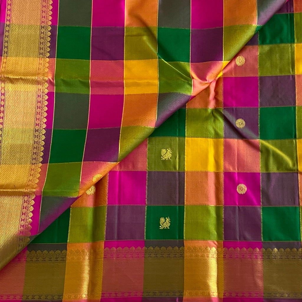 Multi checkered Handwoven Designer Pure Zari Kanjeevaram
