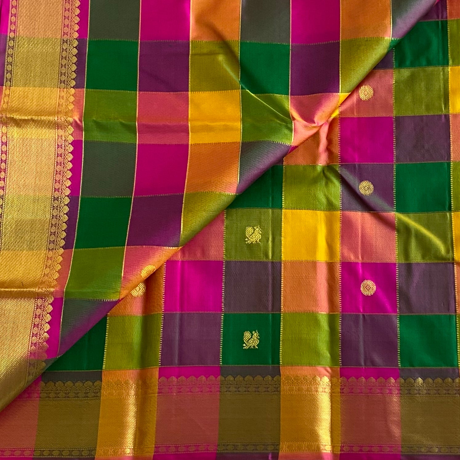 Multi checkered Handwoven Designer Pure Zari Kanjeevaram