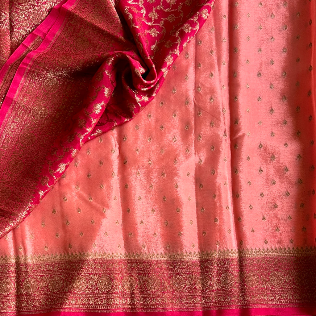 Dreamy Sorbet Peach with rani pink Soft Crepe silk with buttas