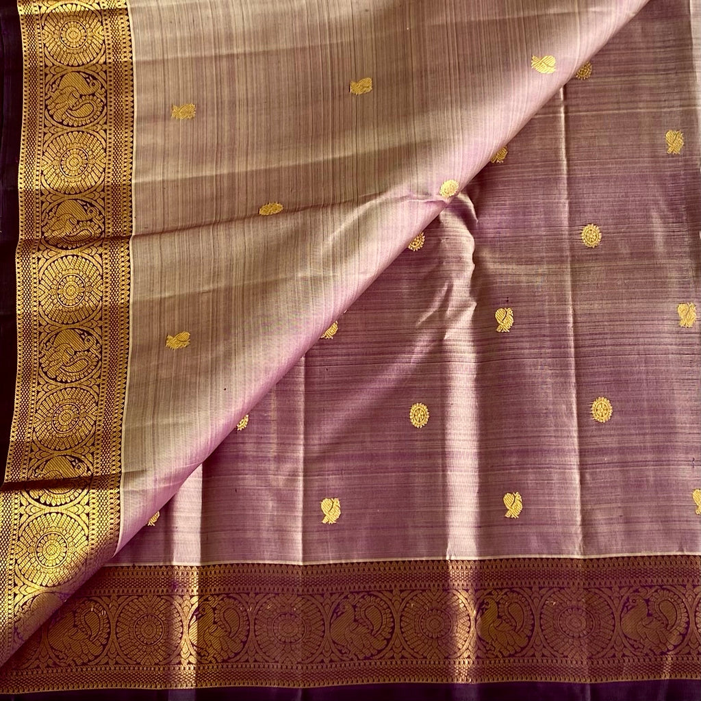 Dual shaded Metallic Lavender Kanjeevaram Pure Zari Silk Saree With Royal Purple Pallu