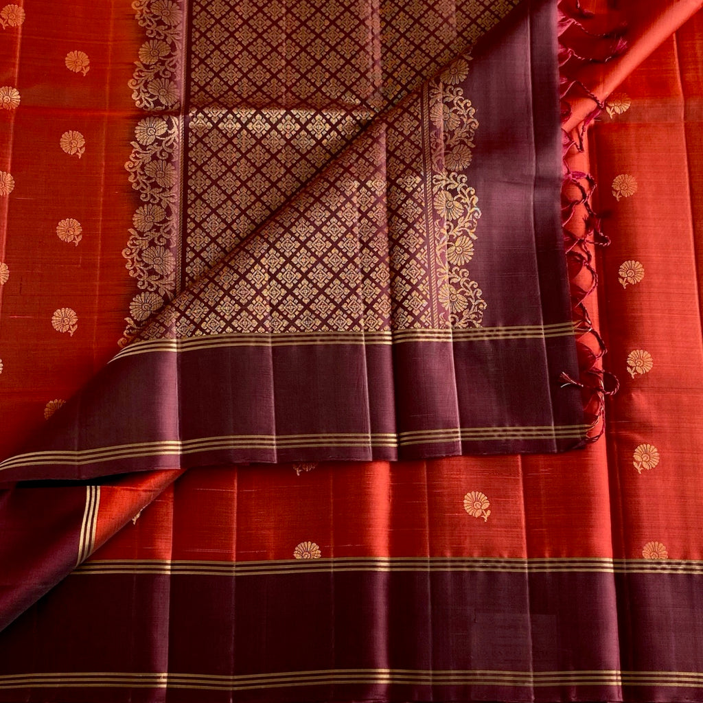 Burnt Orange Designer Pure Silk With Deep Plum Beauty