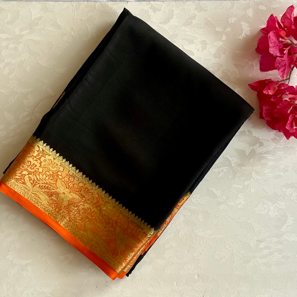 Black Saree Gold Brocade Border Orange Edge Traditional Bridal Wear