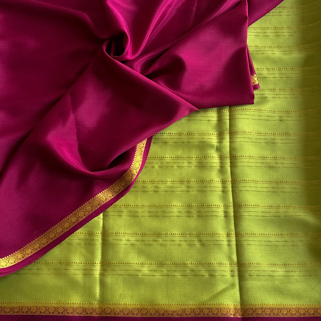 Chartreuse Zari Striped Saree with Magenta Gold Border Festive Wear