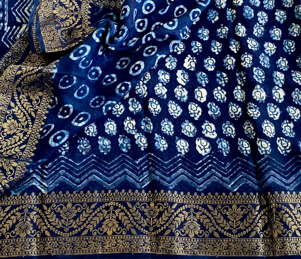 Ajrakh Handblock Printed Silk Navy Blue Saree With Metallic Gold Pallu