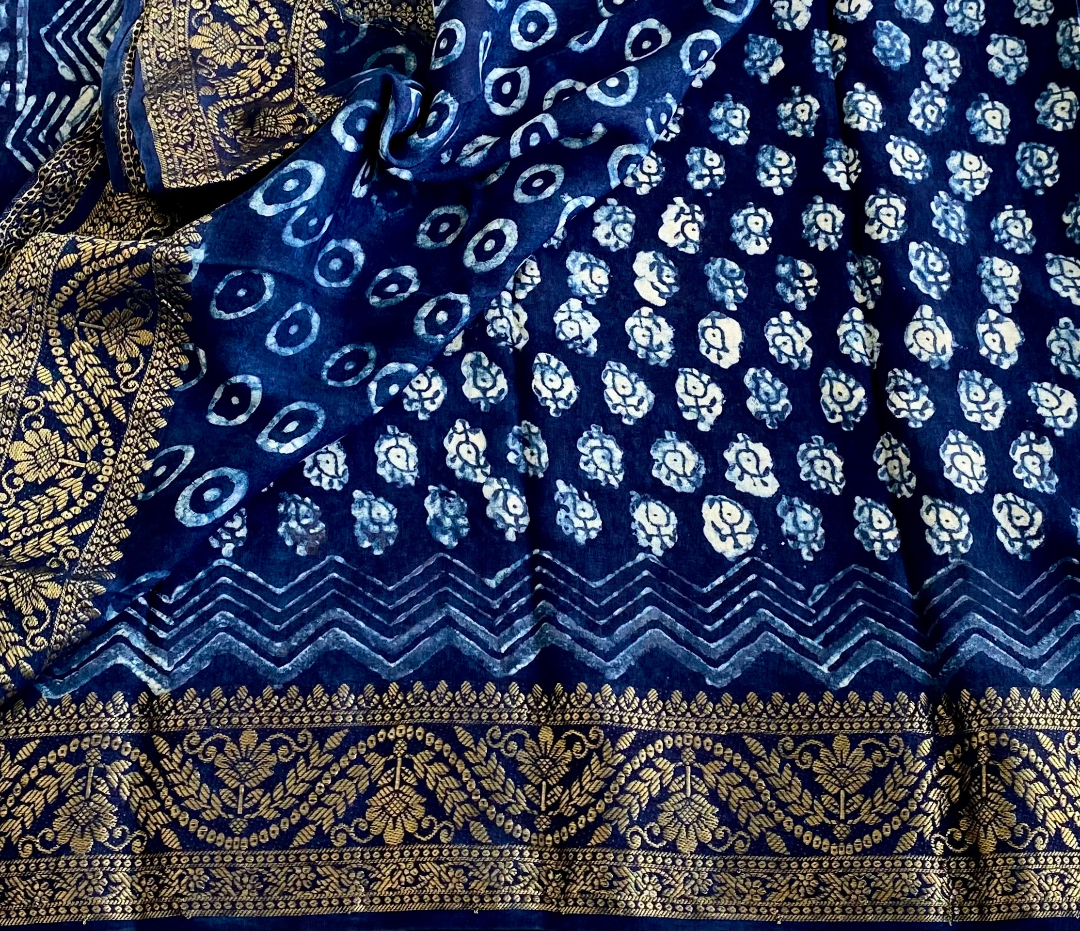Ajrakh Handblock Printed Silk Navy Blue Saree With Metallic Gold Pallu