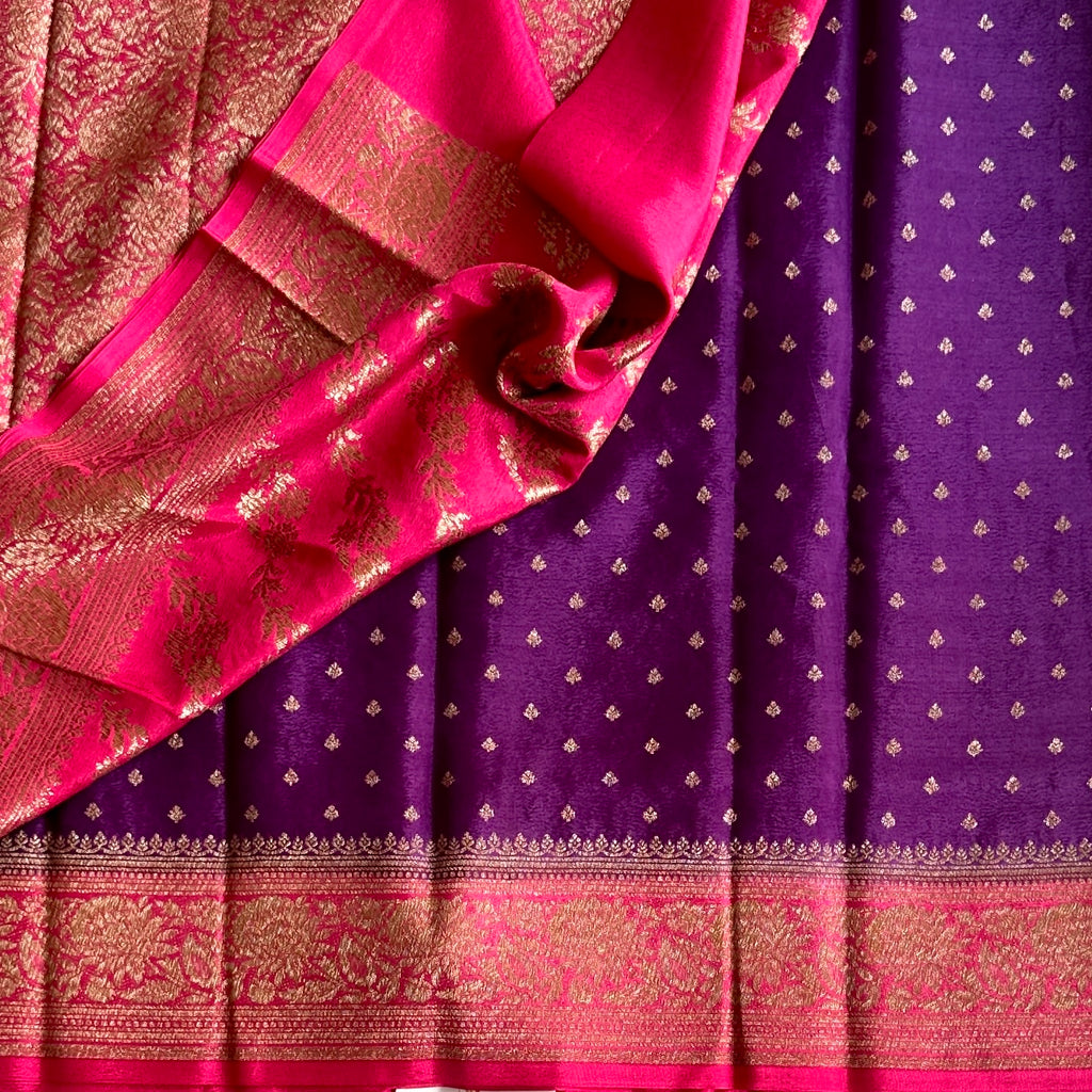 Magenta Purple Brocade Saree Gold Zari Floral Woven Luxury Traditional