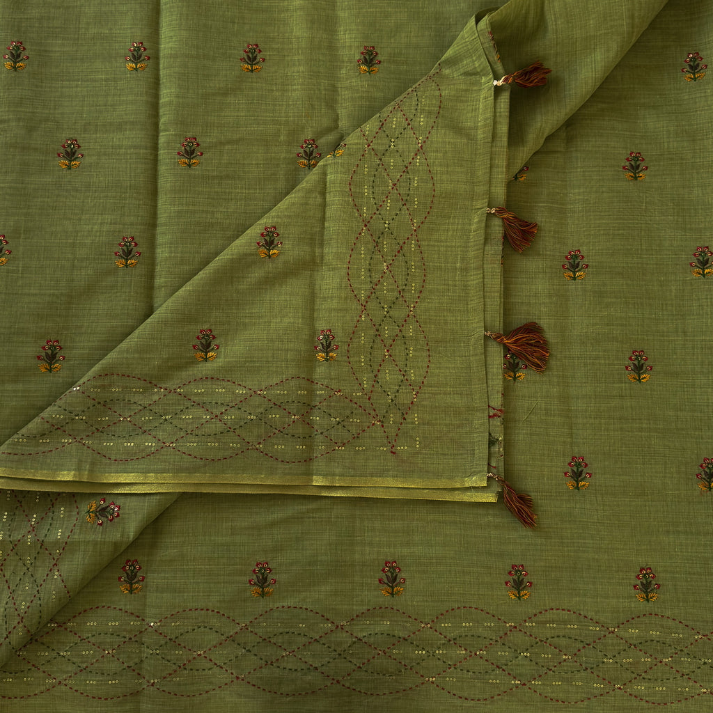 Sage Green Hand Embroidered Floral Buta Saree With Tassel Pallu