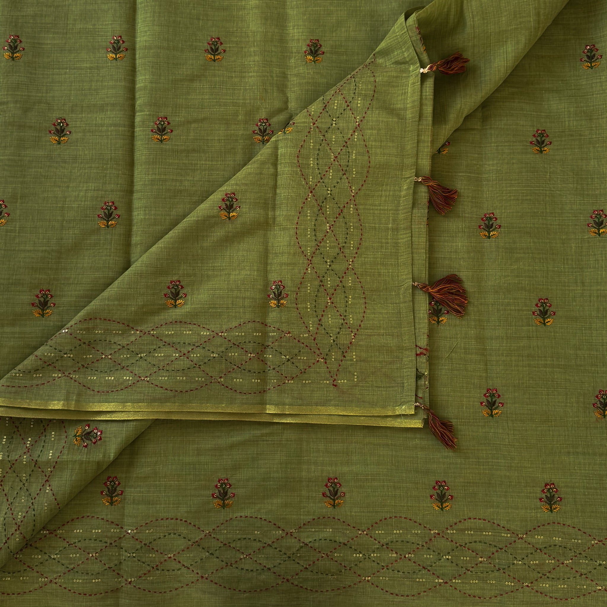 Sage Green Hand Embroidered Floral Buta Saree With Tassel Pallu
