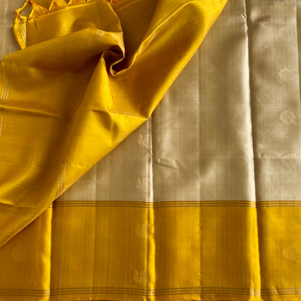Mustard Yellow Designer Pure Silk Saree With Champagne Beige Contrast