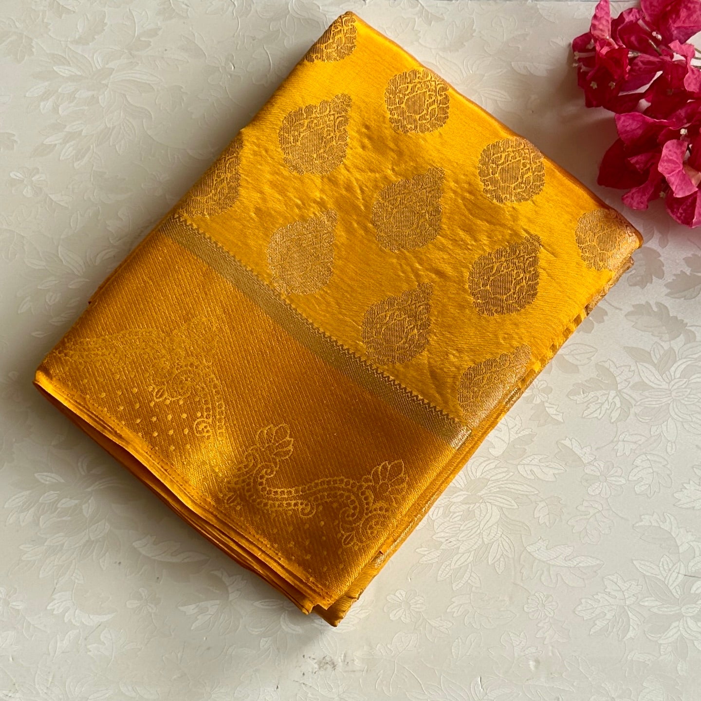 Golden mustard soft blended silk work antique silver motifs all over