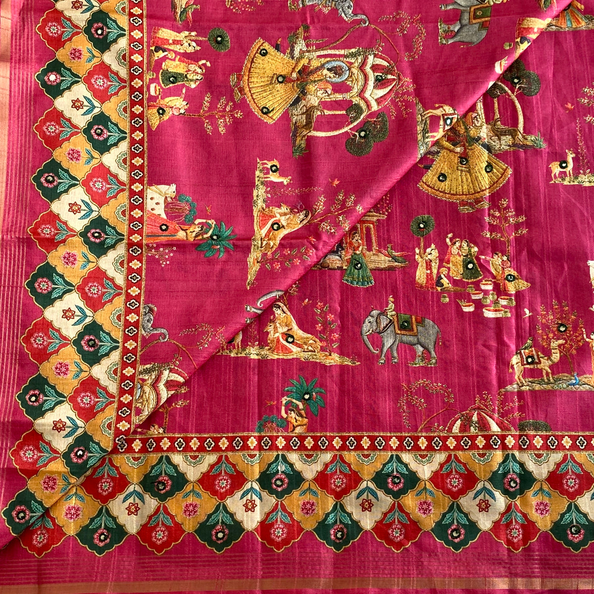 Rose Pink Designer Soft Printed Tussar Saree Mustard Yellow & Mirror Work