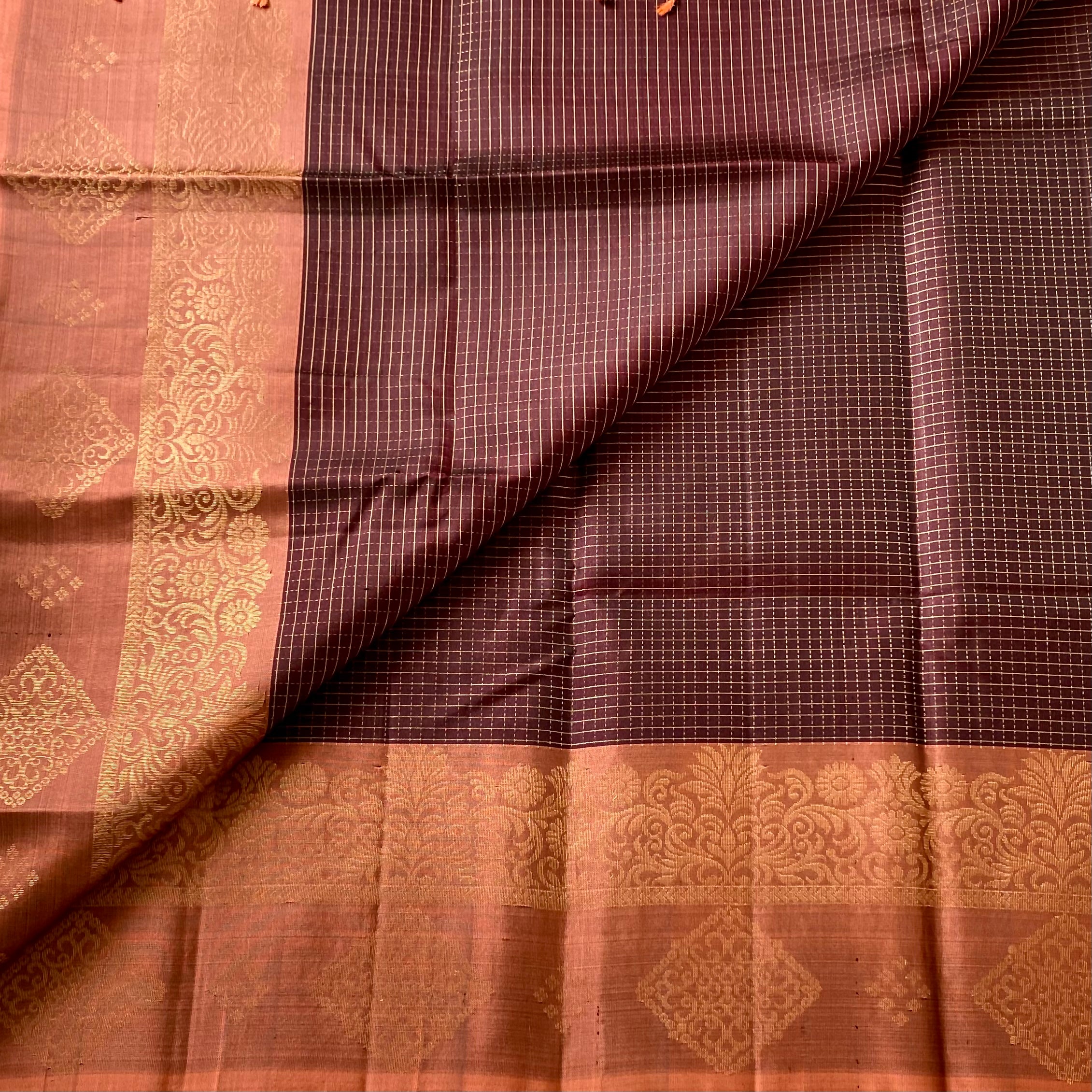Deep Burgundy Burnt Orange Saree Antique Gold Brocade Traditional Wear