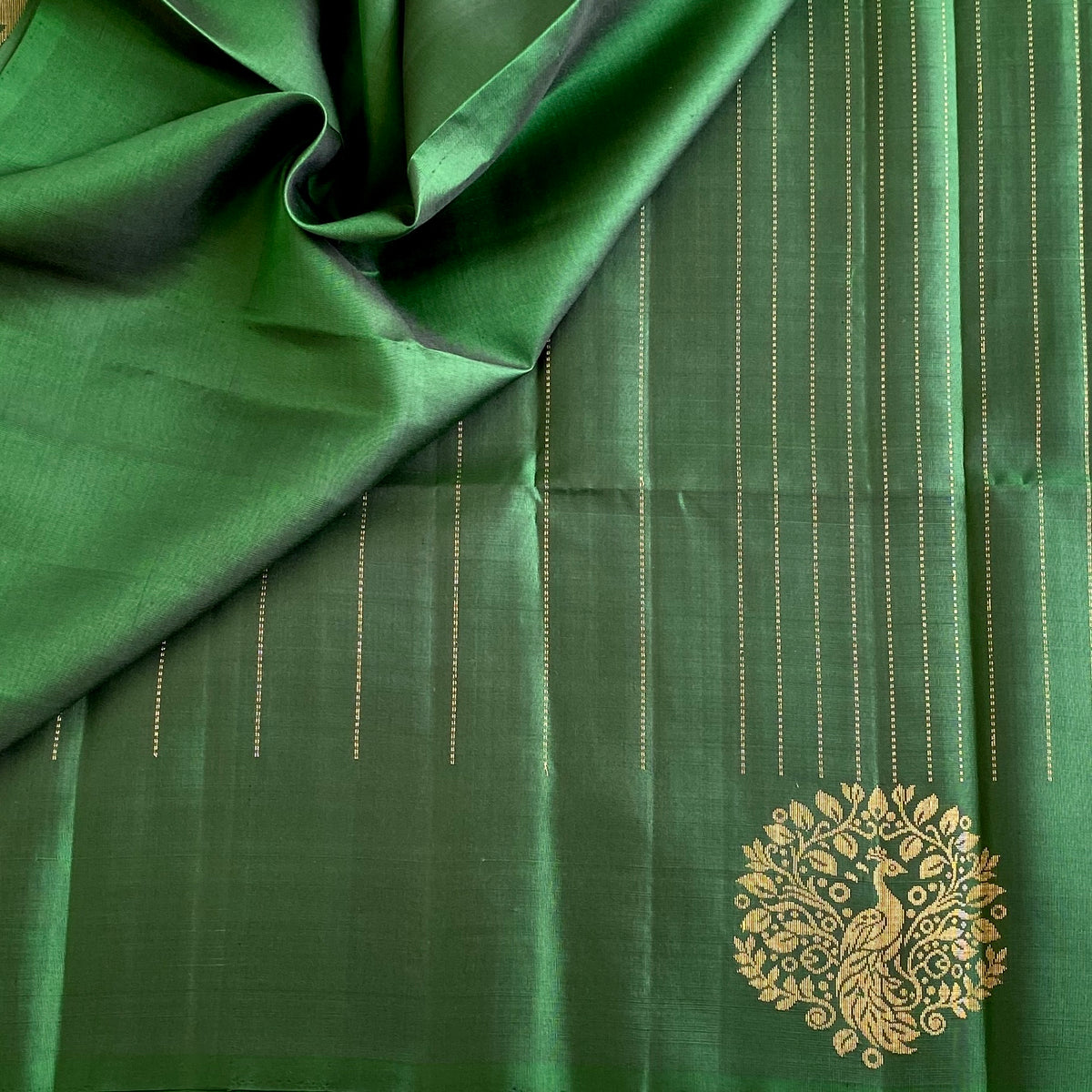Forest Green Designer Pure Silk Saree With Antique Gold Pallu