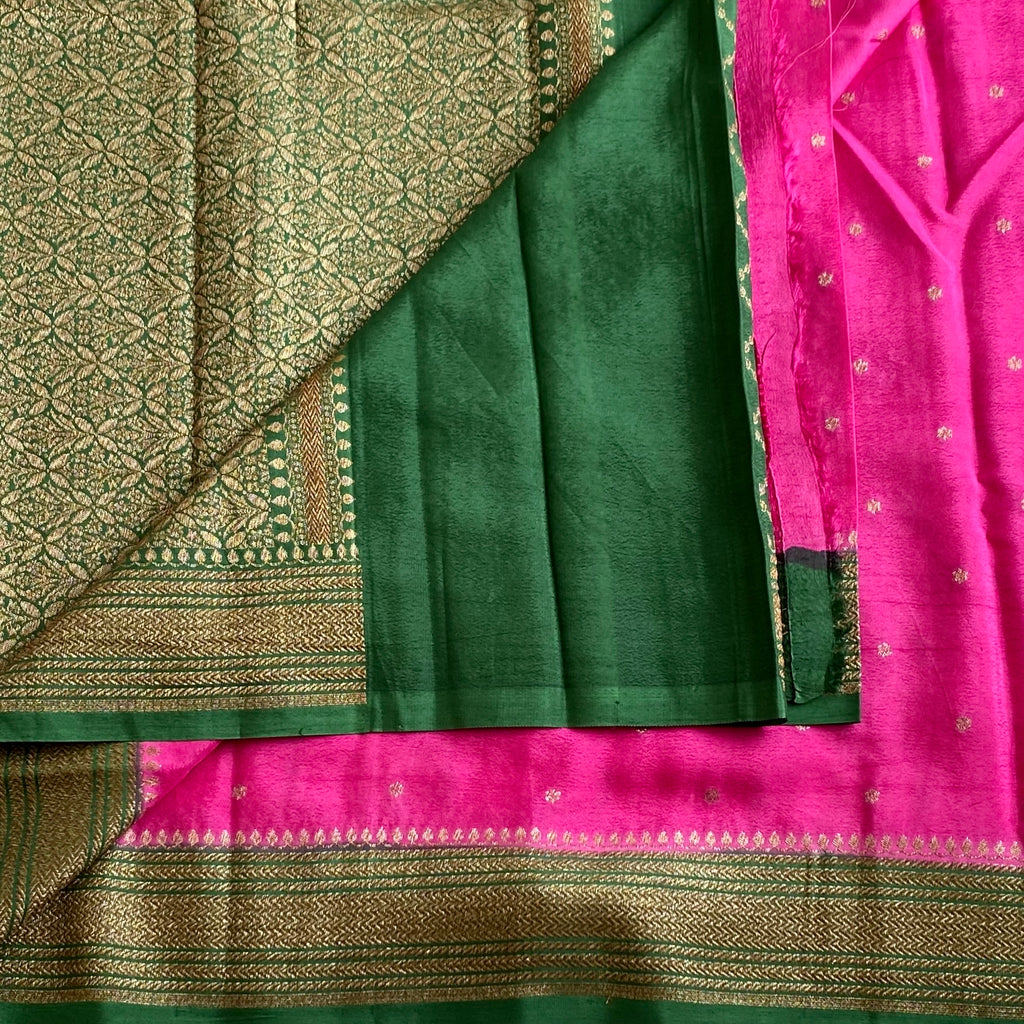 Fuchsia Pink With Emerald Green Banarasi Soft Crepe with Antique Zari