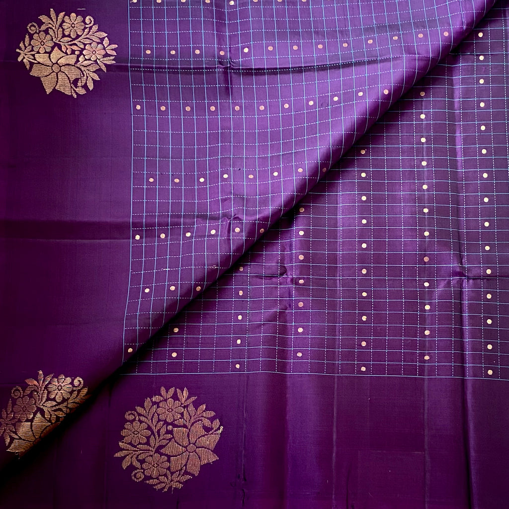 Turquoise Aubergine Silk Saree Gold Zari Floral Zigzag Pallu Traditional