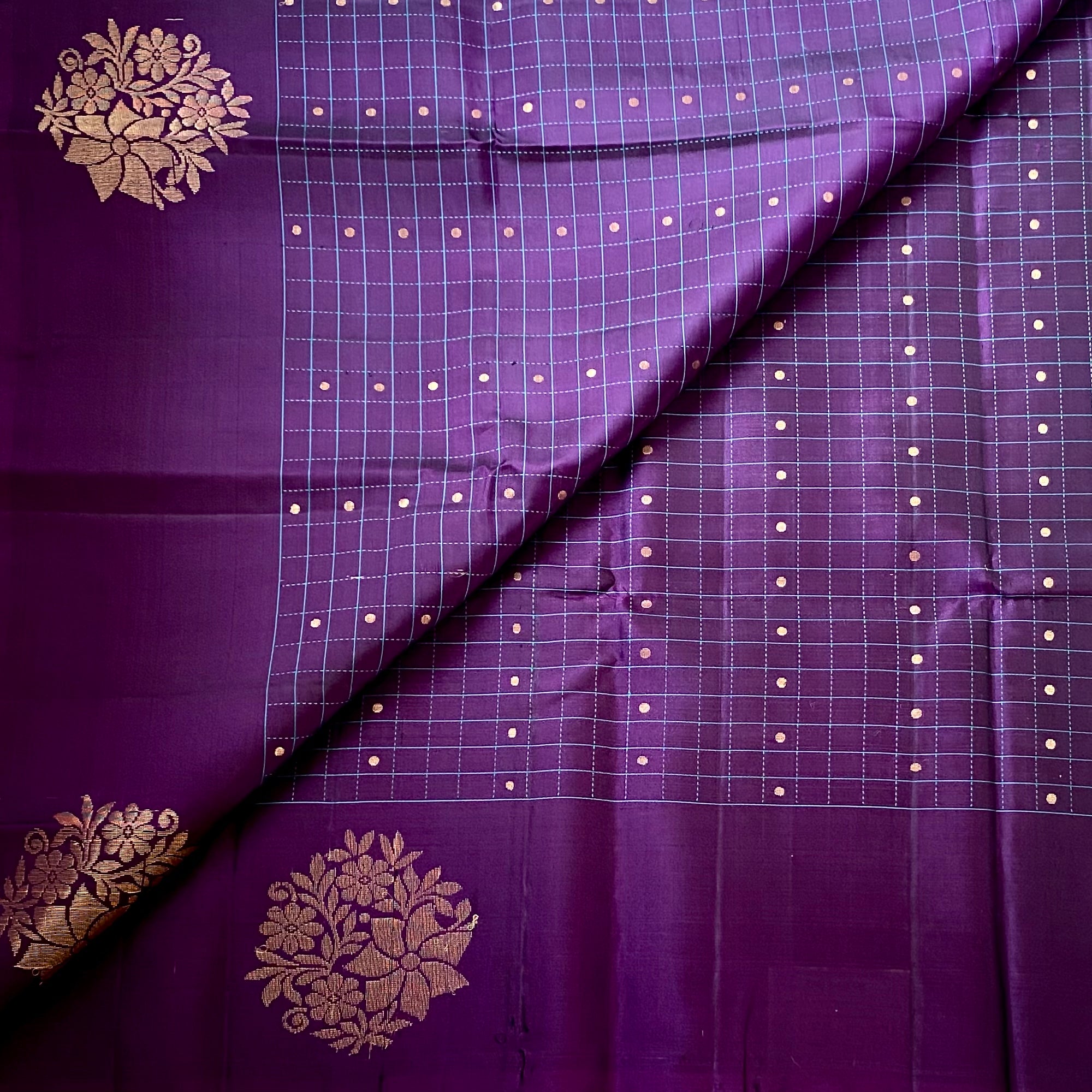 Turquoise Aubergine Silk Saree Gold Zari Floral Zigzag Pallu Traditional