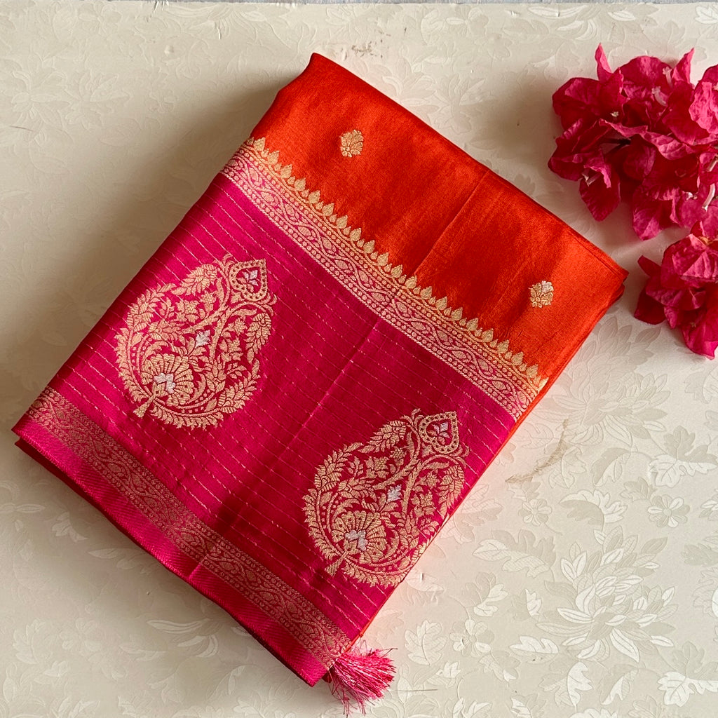 Burnt Orange Soft Tussar Silk Saree With Rani Pink Pallu