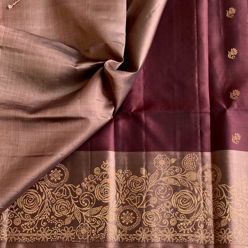 Deep Wine Maroon Designer Pure Silk Saree With Antique Metallic Pallu