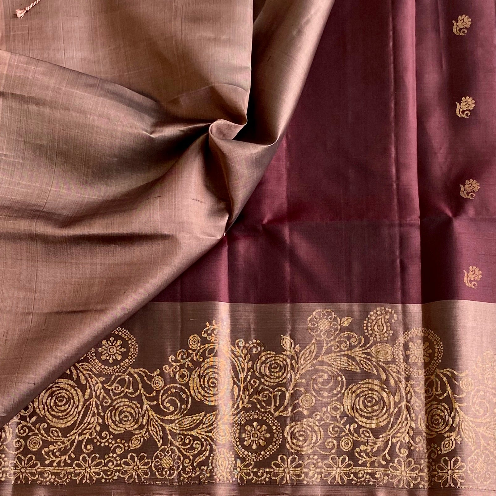 Deep Wine Maroon Designer Pure Silk Saree With Antique Metallic Pallu