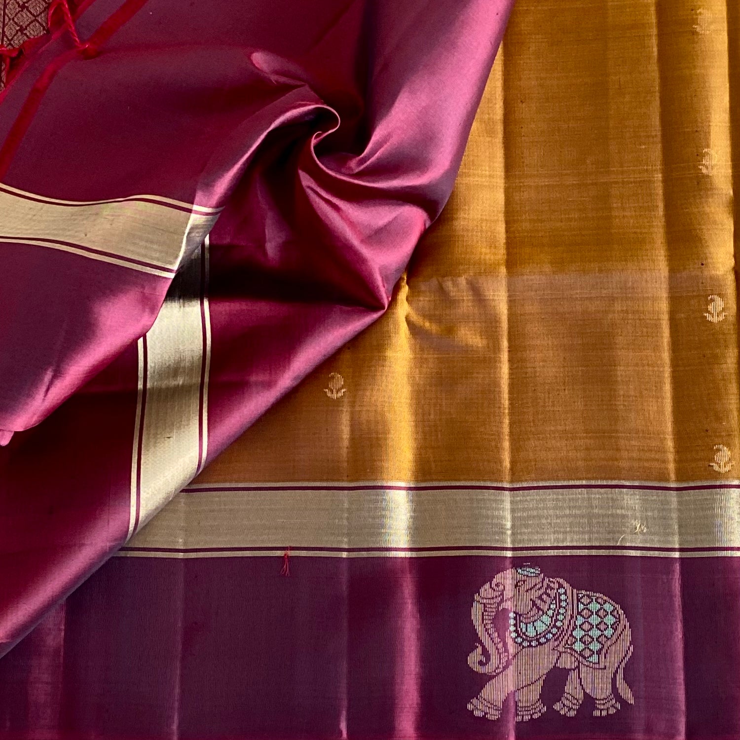 Mustard Gold Designer Pure Silk Saree With Deep Maroon Pallu