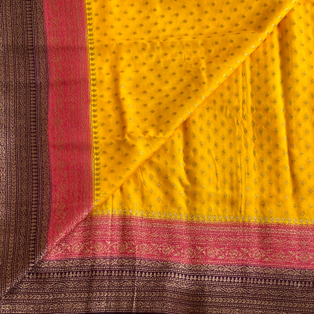 Tri Colour Sunflower Yellow Purple And Rose Pink Banarasi Crepe Silk Saree With Gold Zari