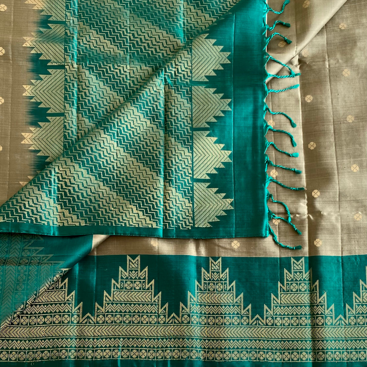 Taupe Grey Designer Pure Silk Saree With Teal Zari Pallu