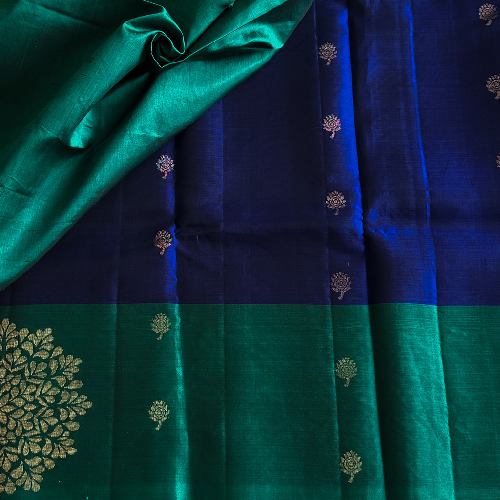 Royal Blue Teal Green Silk Saree Gold Zari Buti Work