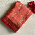 Coral Peach Soft Tussar Silk Saree With Crimson Red Border
