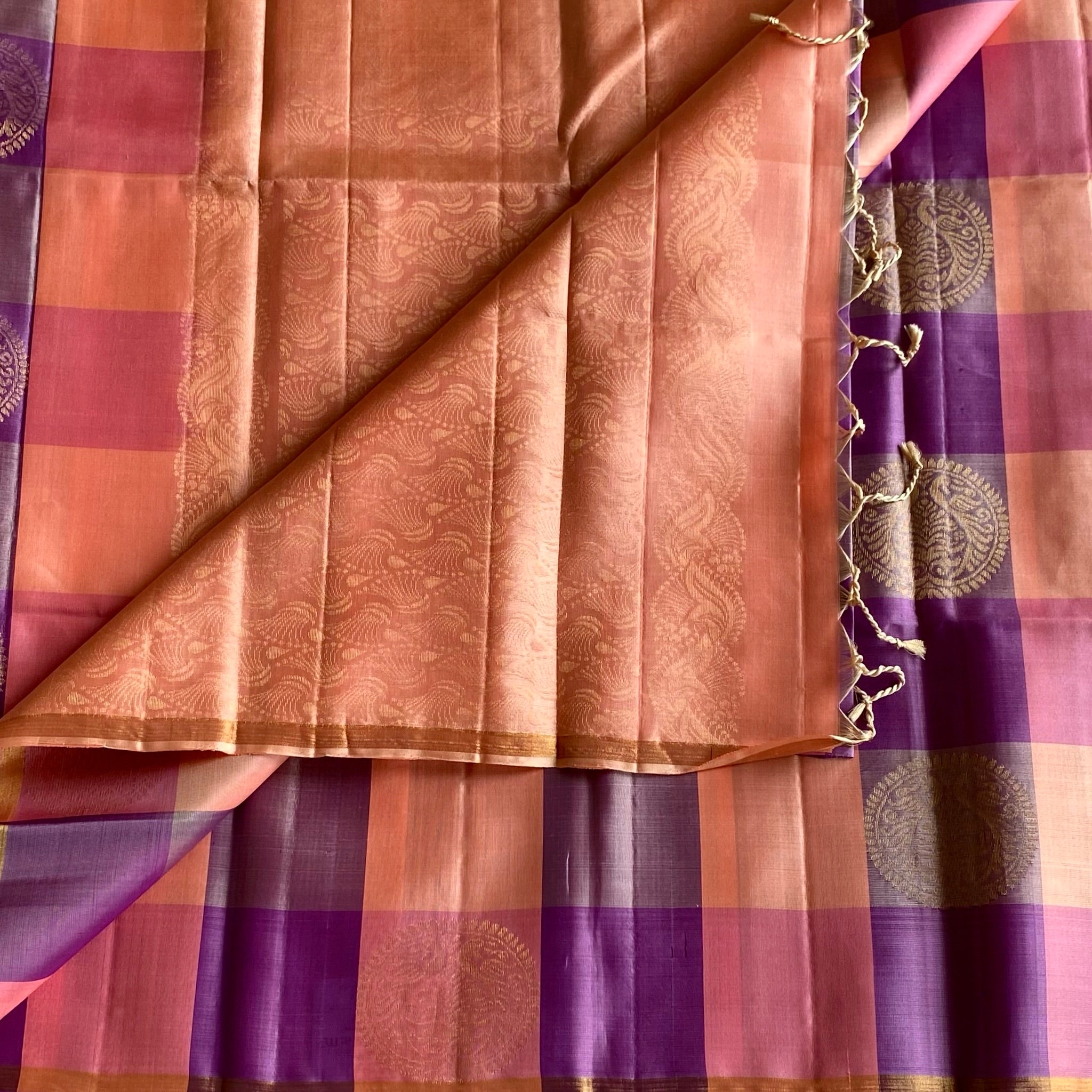 Shades of Lavender, Peach Checkered Designer Pure Silk