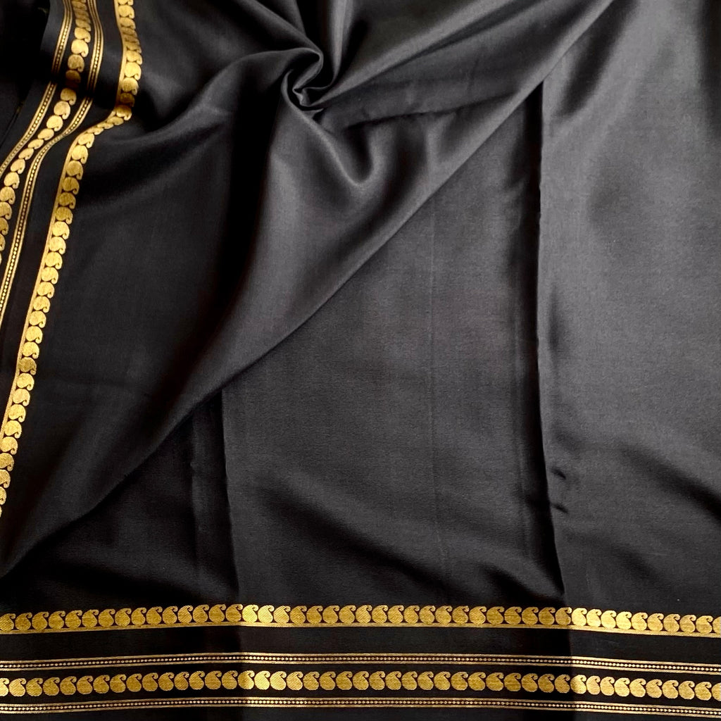 Jet Black Mysore Crepe Silk Saree With Antique Gold Border
