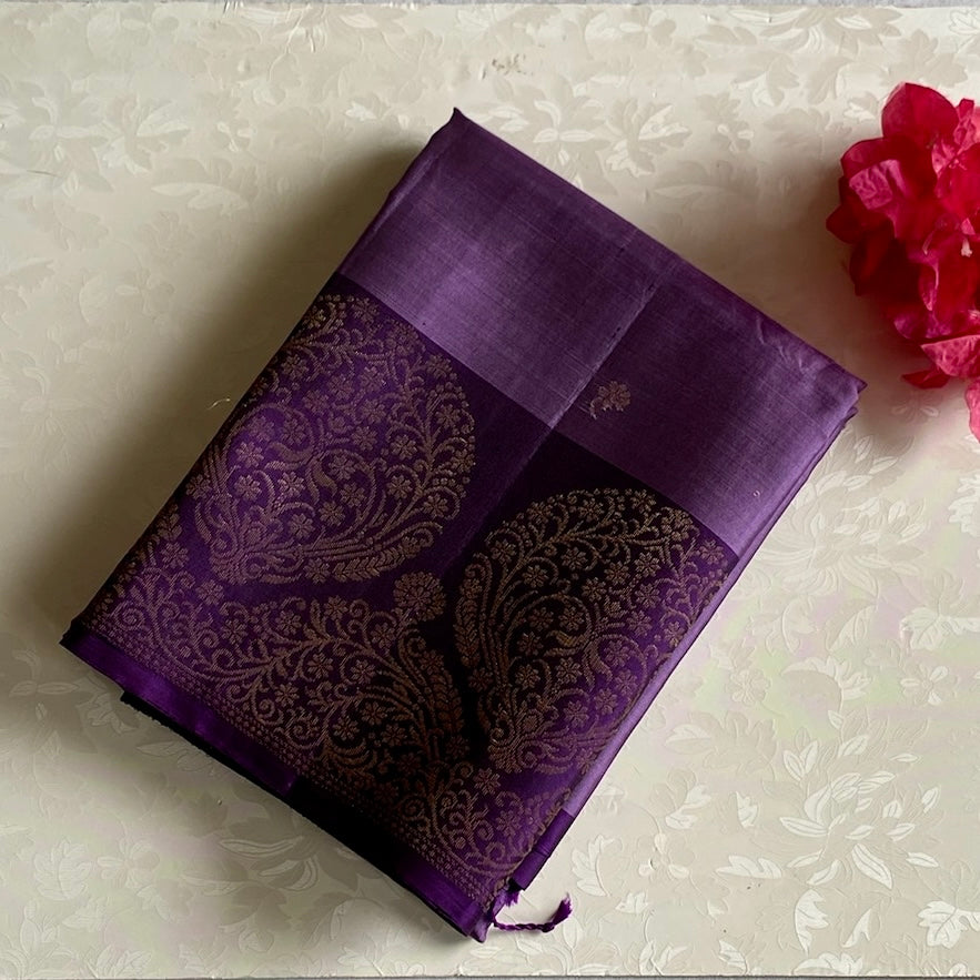 Metallic Lavender Designer Pure Silk Saree With Purple & Gold Borders