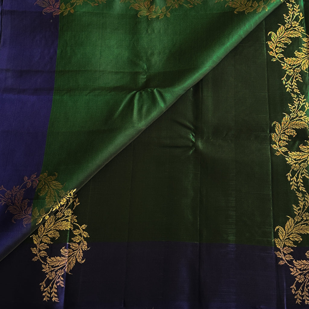 Emerald Green Woven Saree Royal Purple Pallu Antique Gold Zari