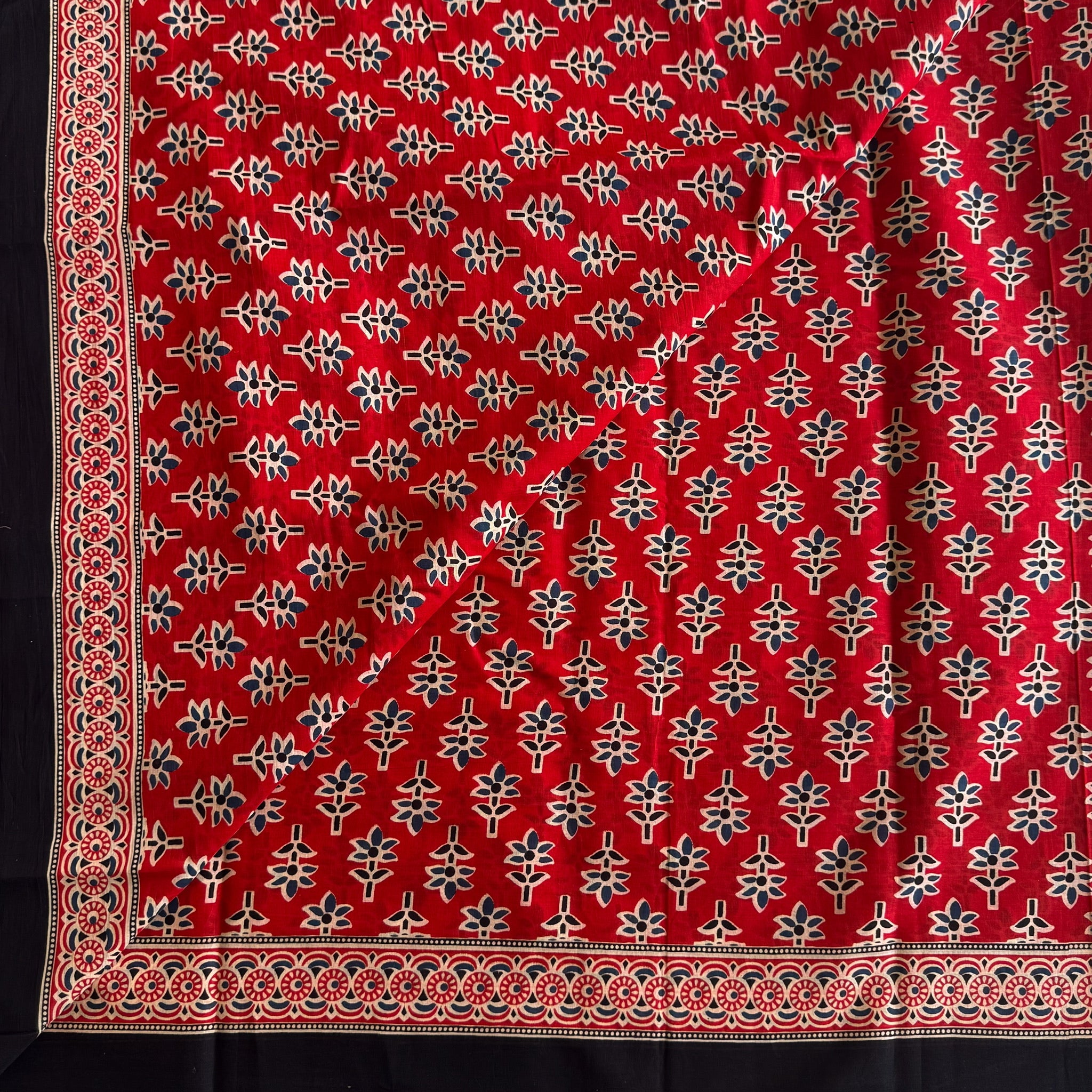 Scarlet Red Navy Pallu Printed Saree With Black Border
