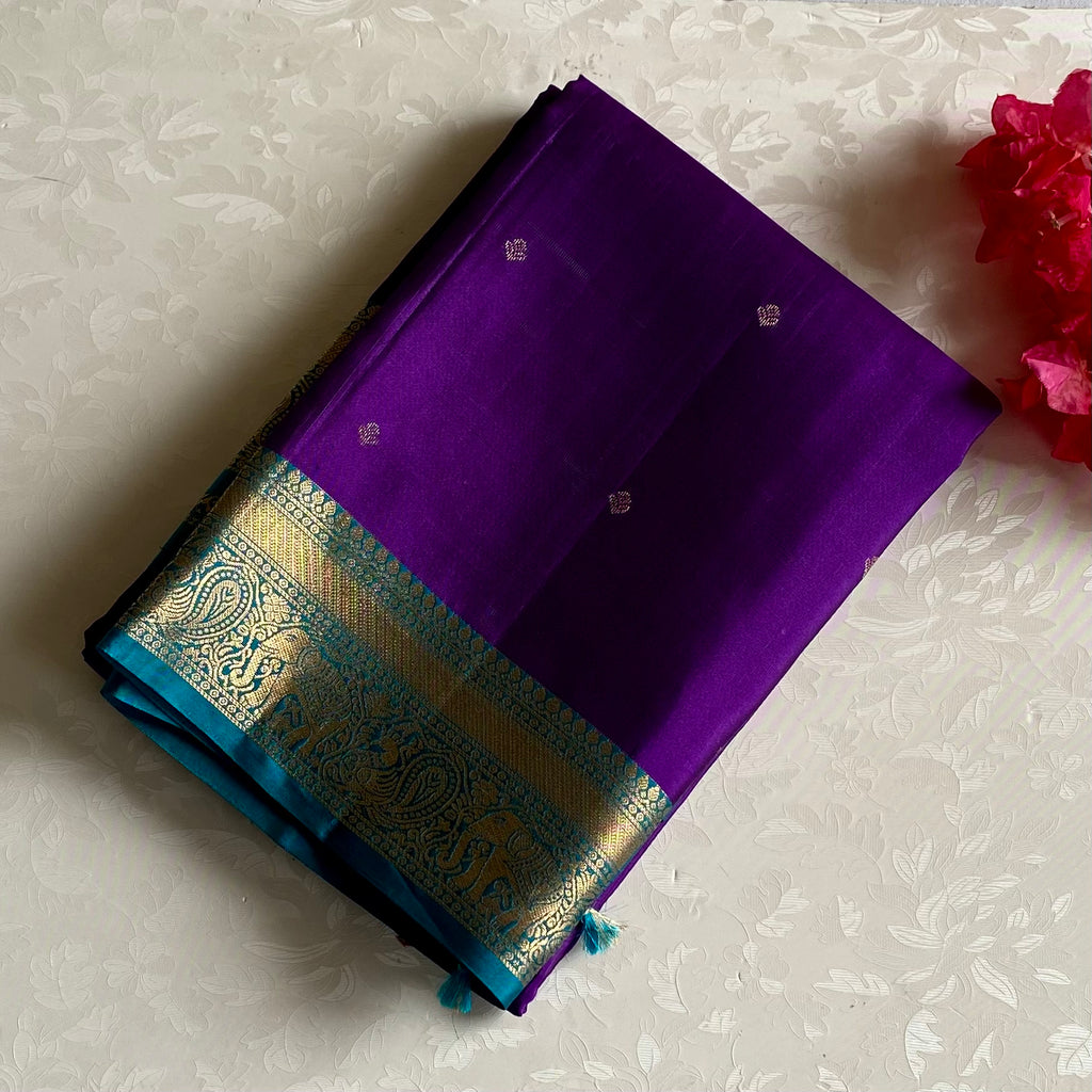 Royal Purple Designer Pure Silk Saree With Teal Blue Pallu