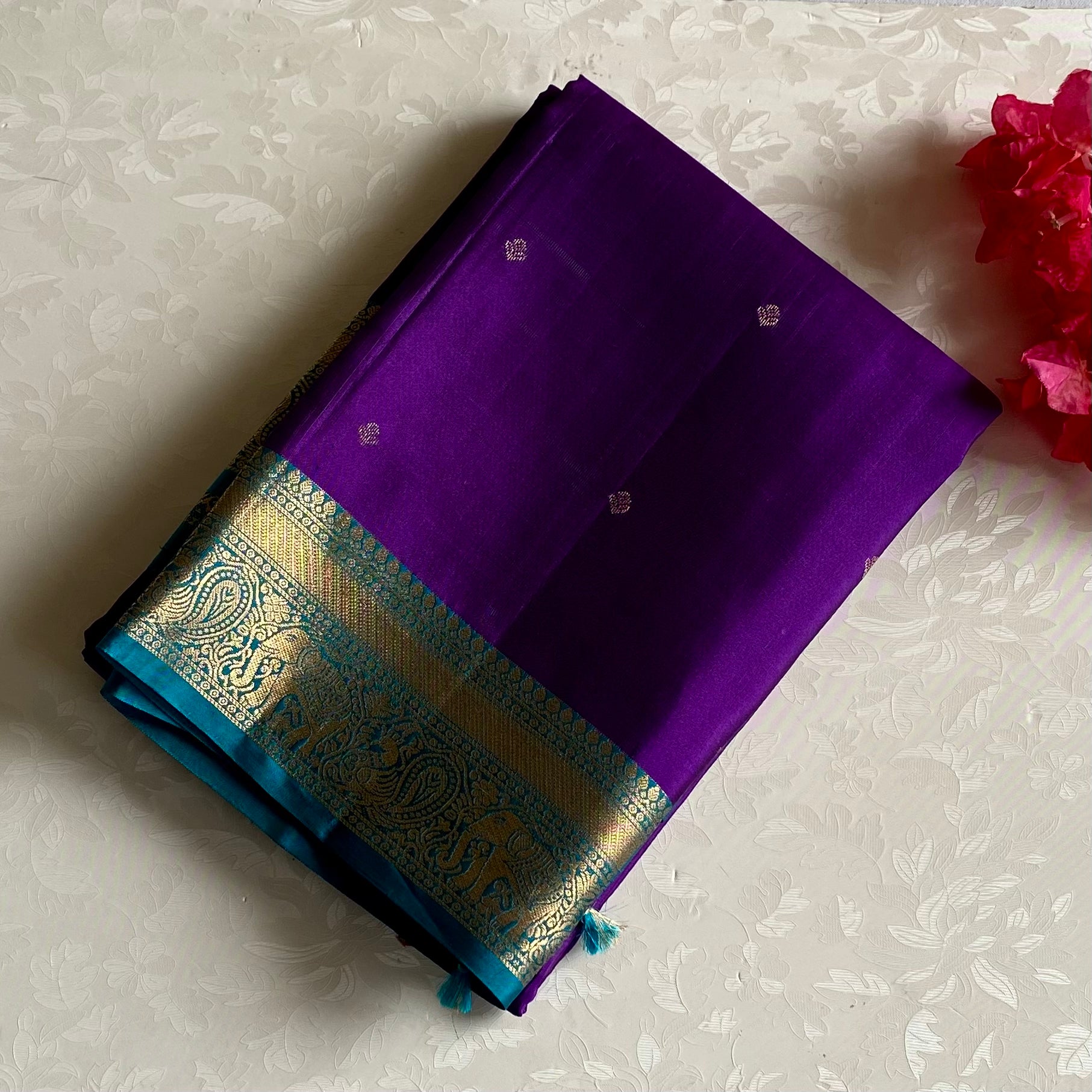 Royal Purple Designer Pure Silk Saree With Teal Blue Pallu