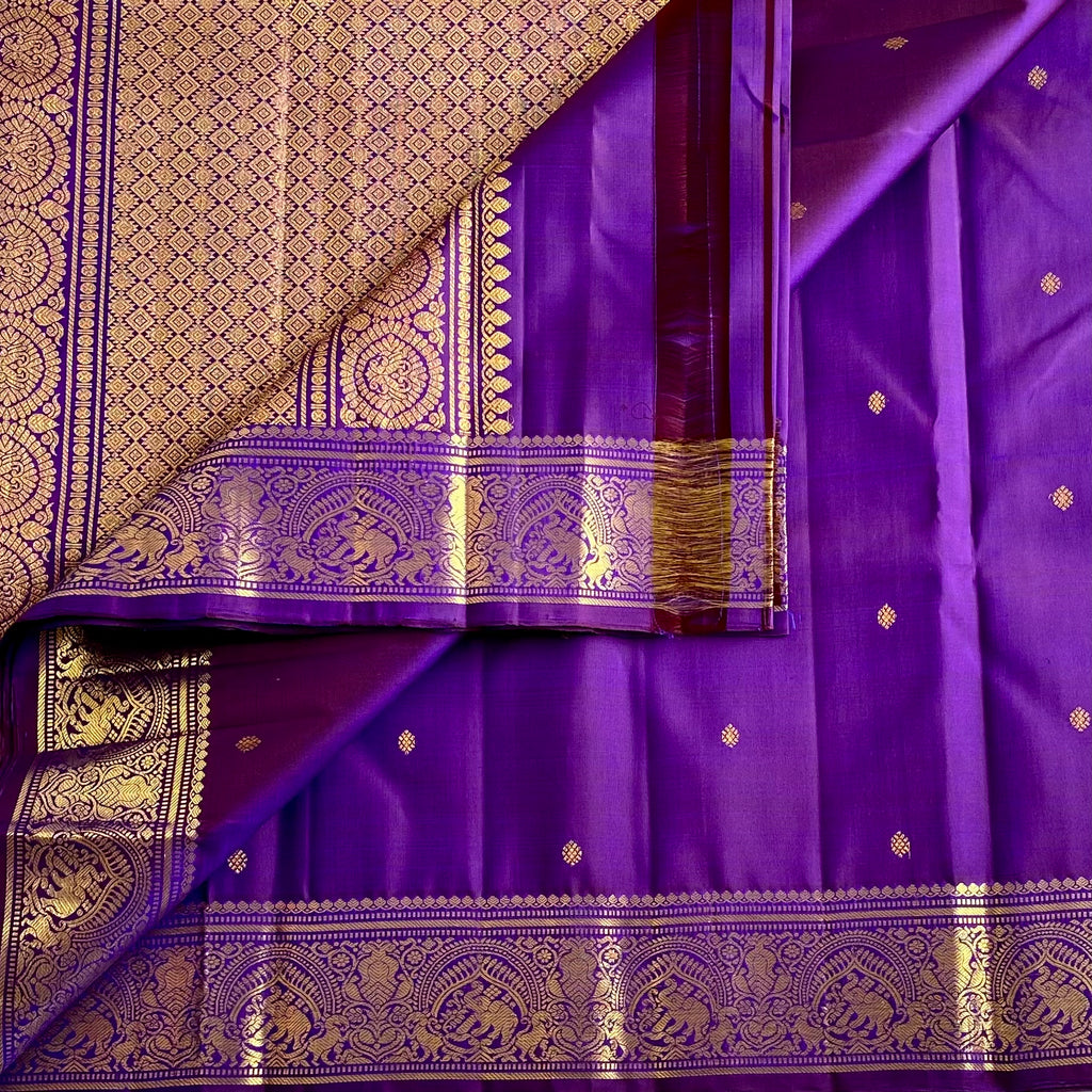 Royal Purple Kanjeevaram Pure Zari Silk Saree With Classic Gold Medallion Border