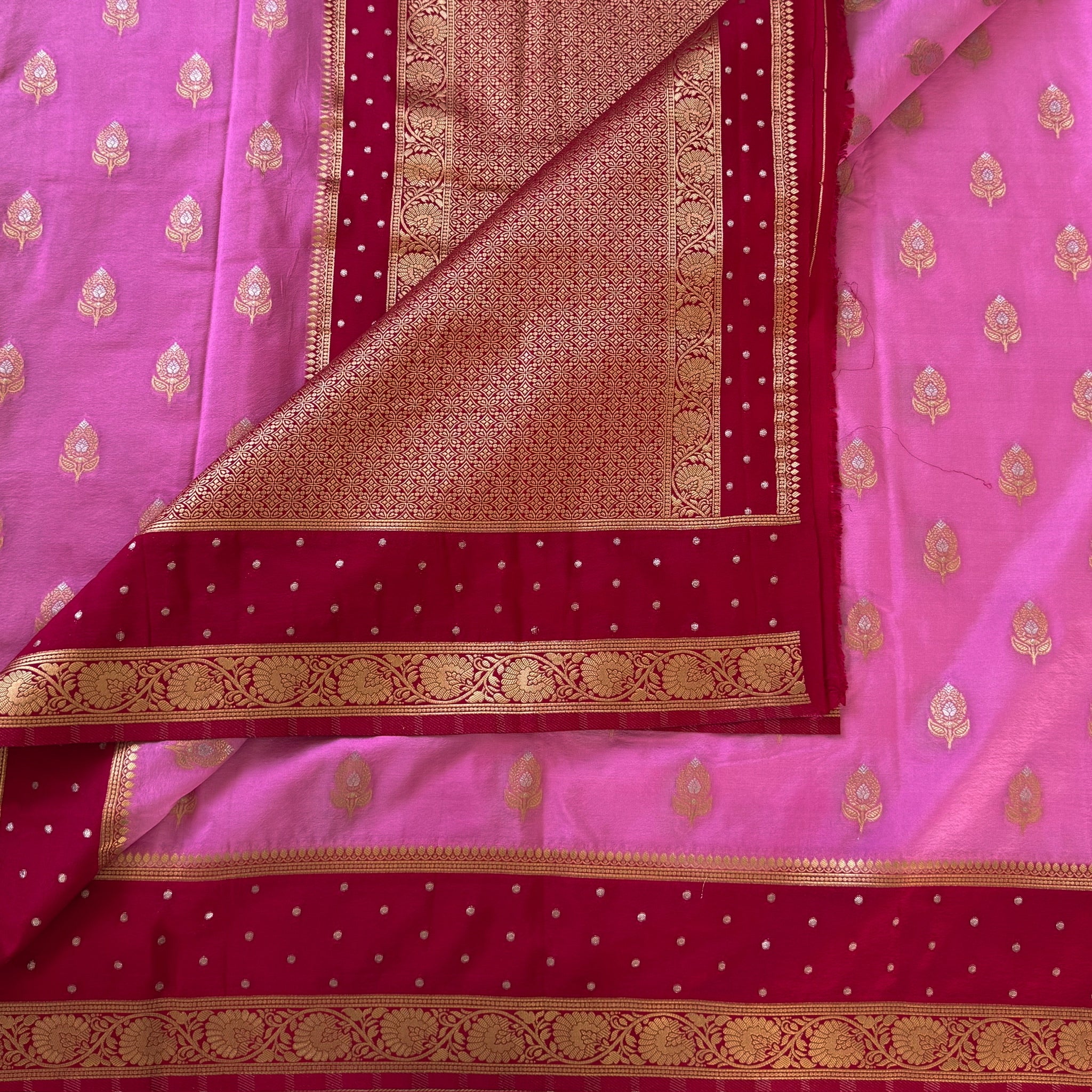 Pink Saree With Magenta Pallu Gold Zari Floral Border For Festive Wear