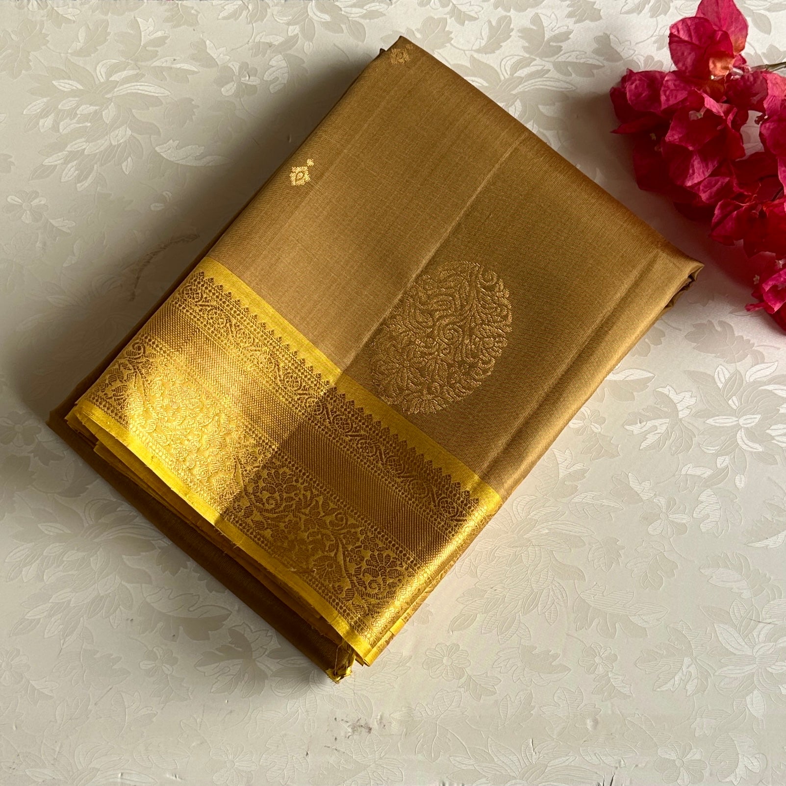 Bronze Brown Designer Pure Silk Saree With Mustard Yellow Pallu