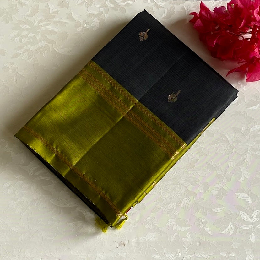 Jet Black Pure Designer Silk With Chartreuse Olive Stunning Borders n Pallu