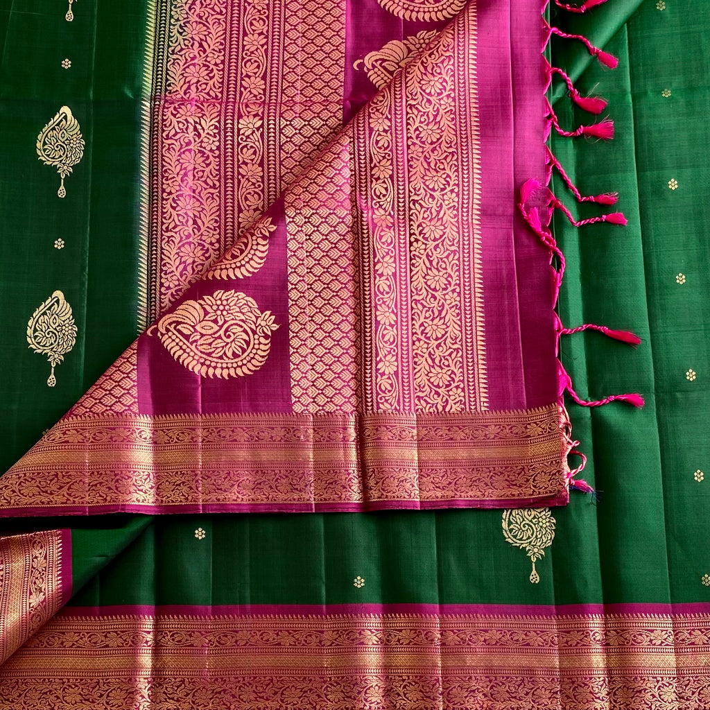 Emerald Green Designer Pure Silk Saree With Rani Pink Pallu Gold Zari