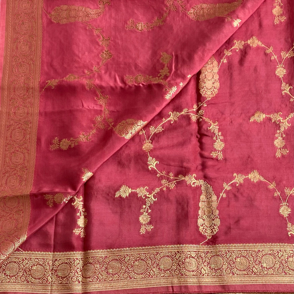 Sorbet Peach Designer Soft Crepe With Rare Brown Blouse