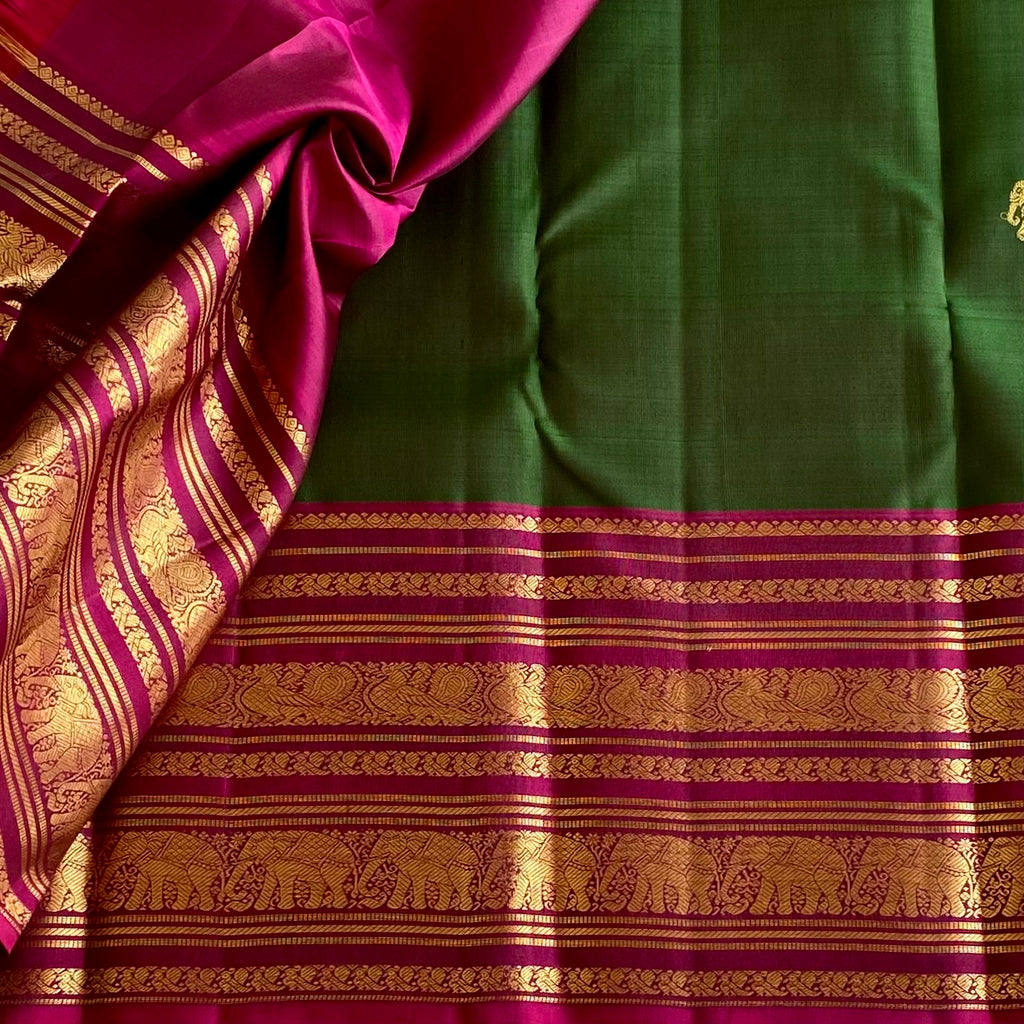 Luxurious Bottle Green With Rich Magenta Handwoven Pure Zari Kanjeevaram