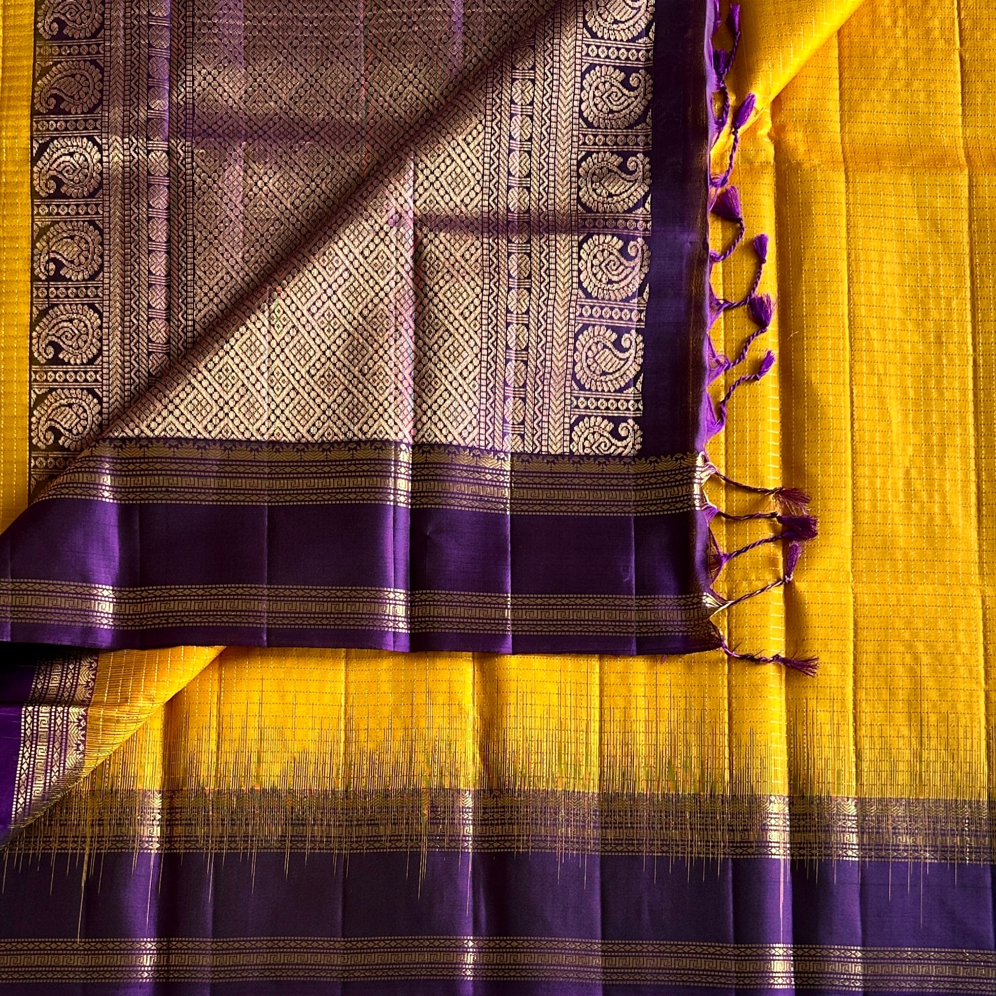Deep Violet Silk Saree Marigold Yellow Gold Zari Paisley Border