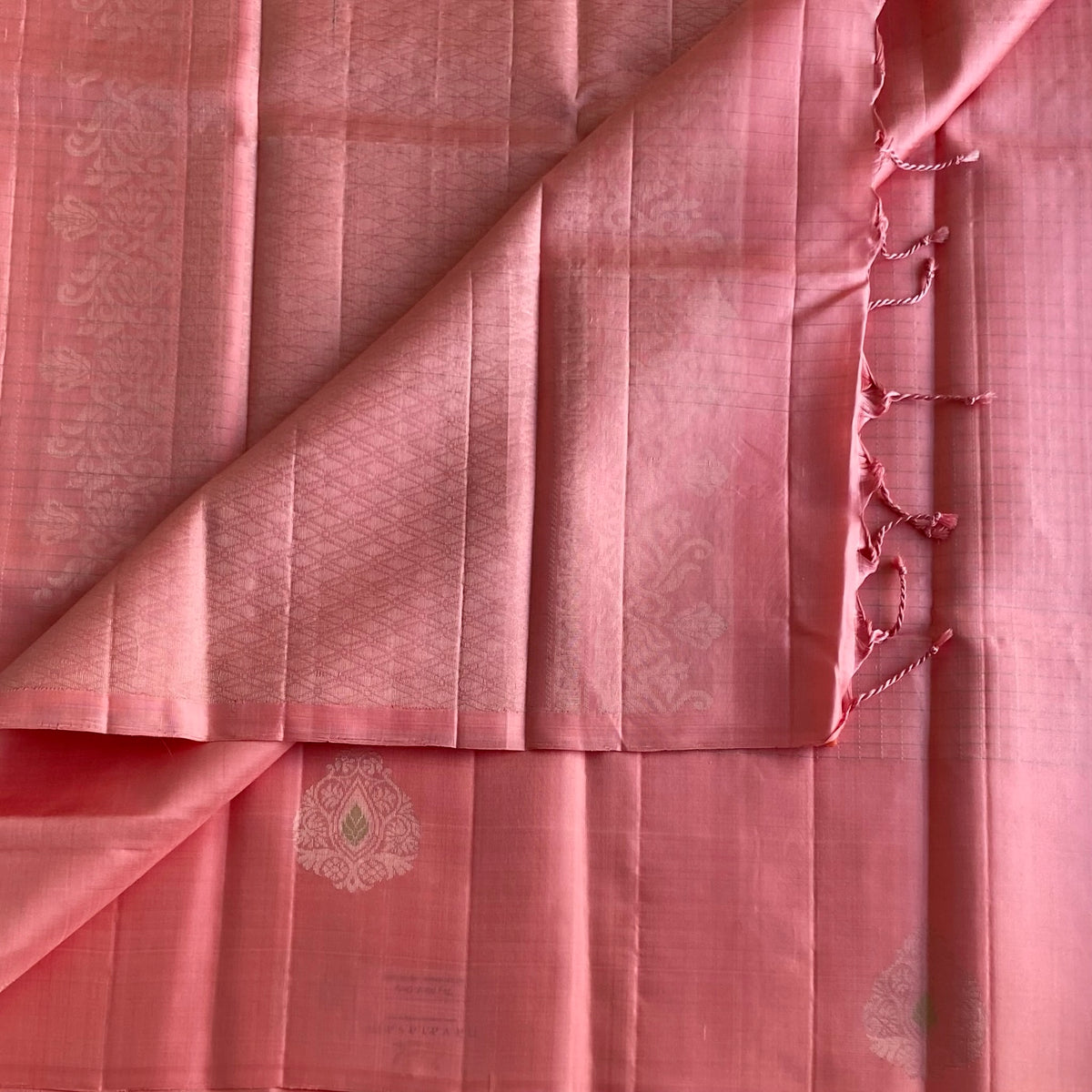 Salmon Pink Designer Pure Silk Saree With Antique Silver Motifs