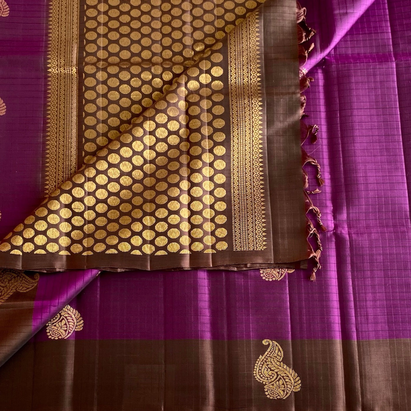 Chocolate Brown Designer Pure Silk Saree With Royal Purple Pallu